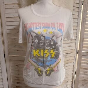 Recycled Karma White KISS Graphic Tee with Yellow Logo and Pink/Blue Accents